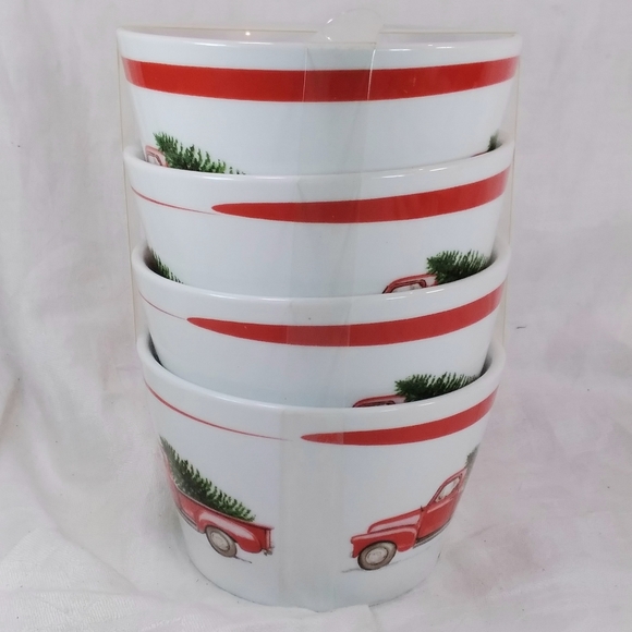 222 FIFTH Set of 4 WINTER CHEER Small BOWLS Santa Red Pickup Truck Tree NEW - Picture 2 of 12
